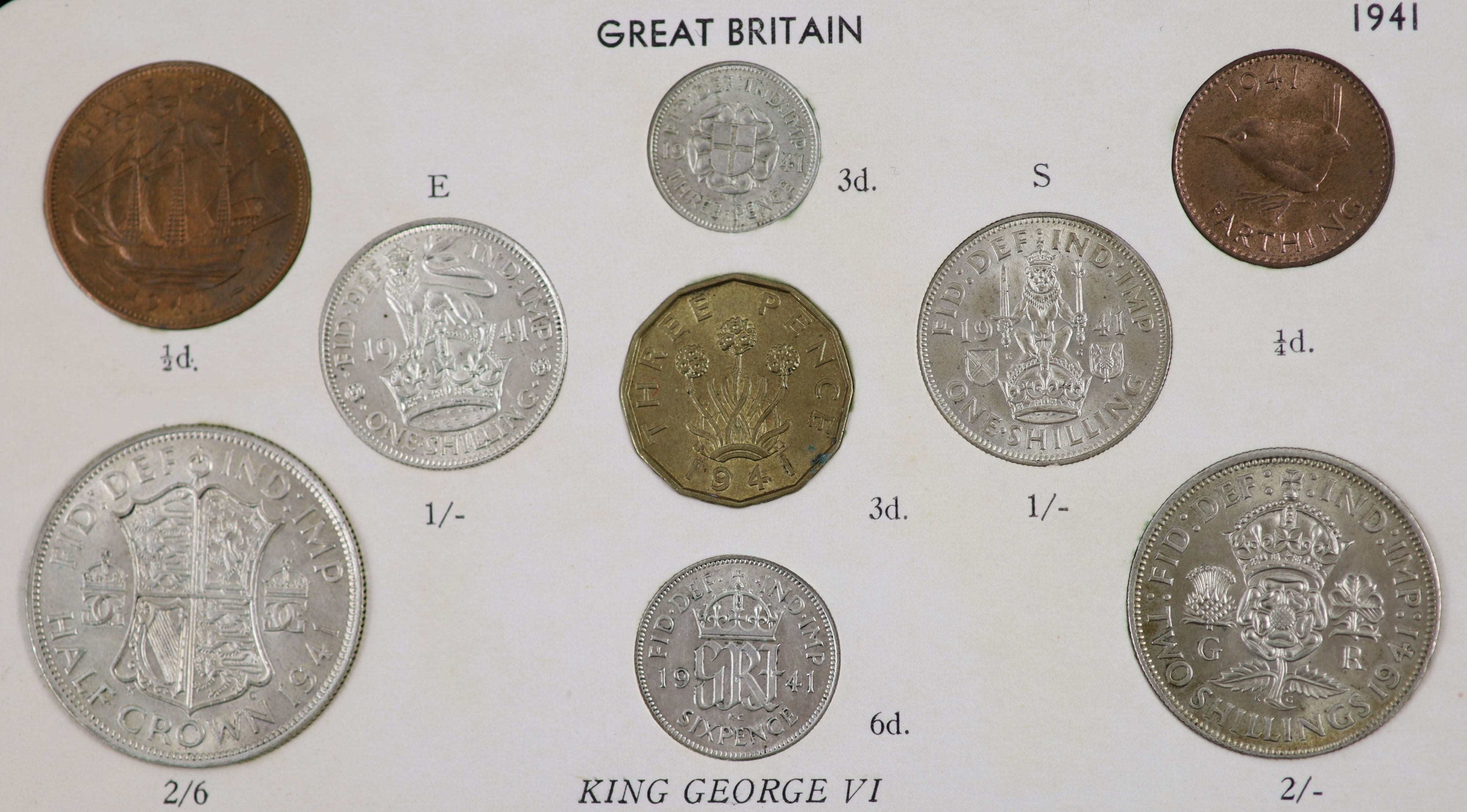 George VI specimen coin sets for 1938, 1939, 1940, 1941, 1942 and 1943, first coinage, the majority about EF or better